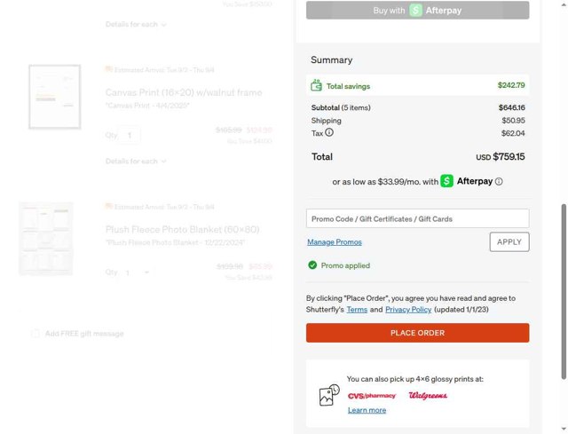 Shutterfly checkout page showing Shutterfly coupon code box | Screenshot taken by SimplyCodes community member on Aug 23, 2025