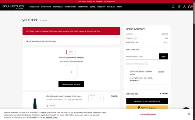Shu Uemura Art of Hair checkout page showing Shu Uemura Art of Hair promo code box | Screenshot taken by SimplyCodes community member on Jul 31, 2025