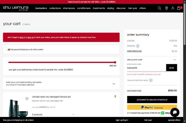 Shu Uemura Art of Hair checkout page showing Shu Uemura Art of Hair promo code box | Screenshot taken by SimplyCodes community member on Aug 16, 2025