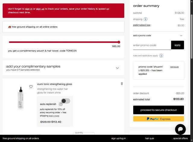 Shu Uemura Art of Hair checkout page showing Shu Uemura Art of Hair promo code box | Screenshot taken by SimplyCodes community member on Sep 7, 2025