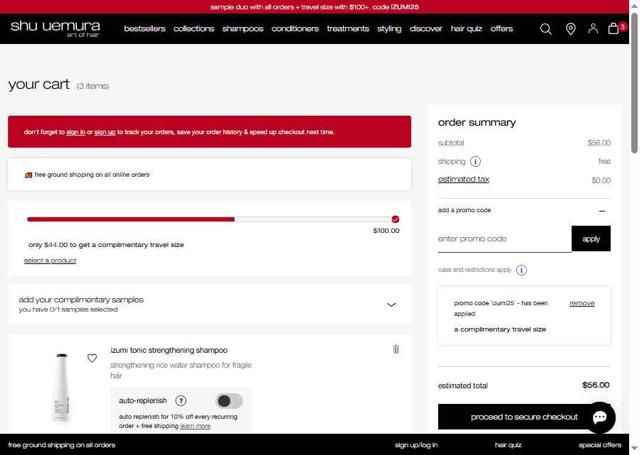 Shu Uemura Art of Hair checkout page showing Shu Uemura Art of Hair promo code box | Screenshot taken by SimplyCodes community member on Aug 18, 2025