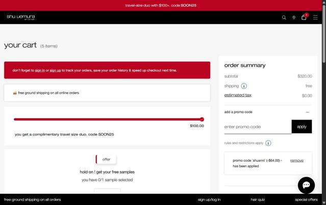 Shu Uemura Art of Hair checkout page showing Shu Uemura Art of Hair promo code box | Screenshot taken by SimplyCodes community member on Aug 9, 2025
