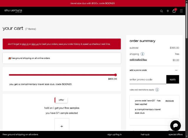 Shu Uemura Art of Hair checkout page showing Shu Uemura Art of Hair promo code box | Screenshot taken by SimplyCodes community member on Aug 7, 2025