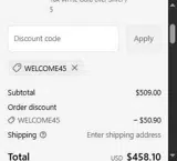 WELCOME45 coupon verification screenshot