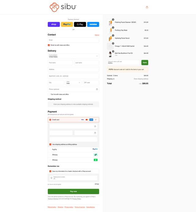 Sibu checkout page showing Sibu coupon code box | Screenshot taken by SimplyCodes community member on Sep 14, 2025