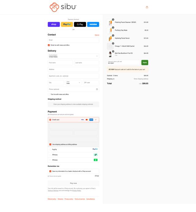 Sibu checkout page showing Sibu coupon code box | Screenshot taken by SimplyCodes community member on Sep 14, 2025