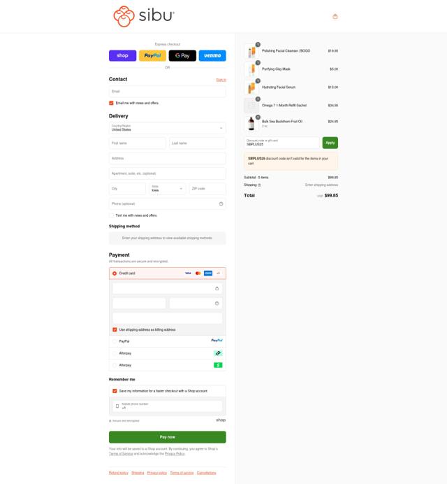 Sibu checkout page showing Sibu coupon code box | Screenshot taken by SimplyCodes community member on Sep 14, 2025