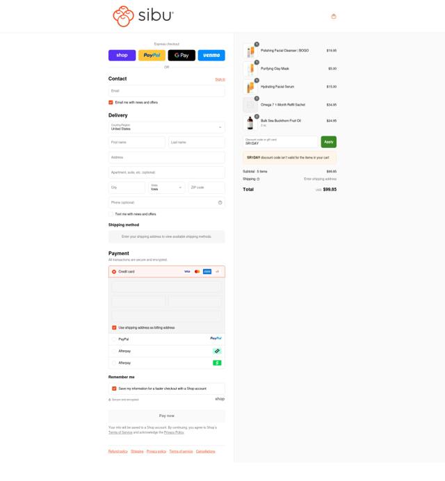 Sibu checkout page showing Sibu coupon code box | Screenshot taken by SimplyCodes community member on Sep 14, 2025