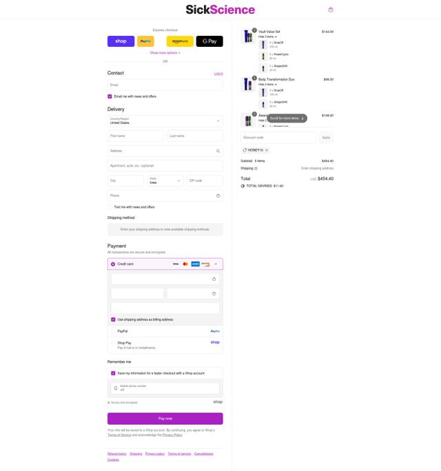SickScience checkout page showing SickScience promo code box | Screenshot taken by SimplyCodes community member on Sep 8, 2025
