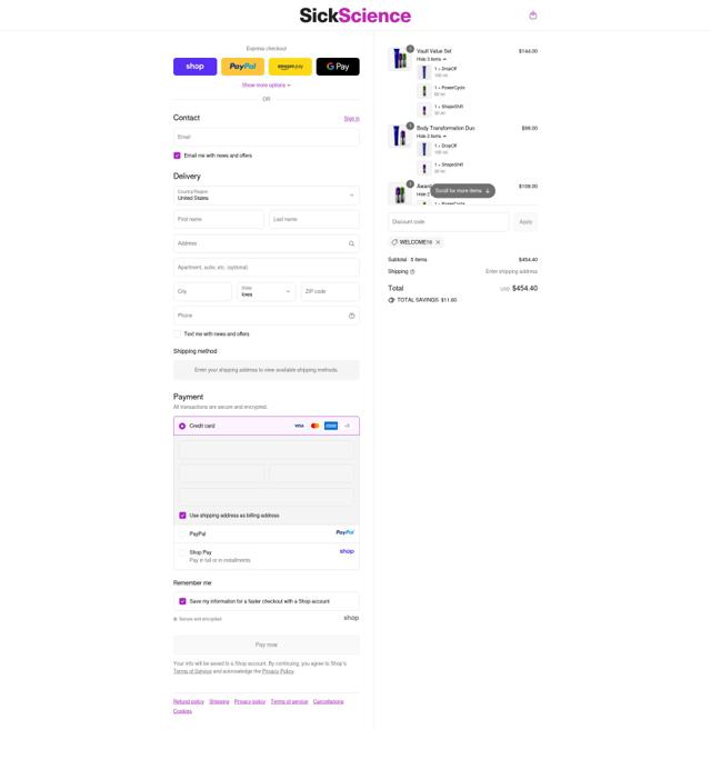 SickScience checkout page showing SickScience promo code box | Screenshot taken by SimplyCodes community member on Sep 16, 2025