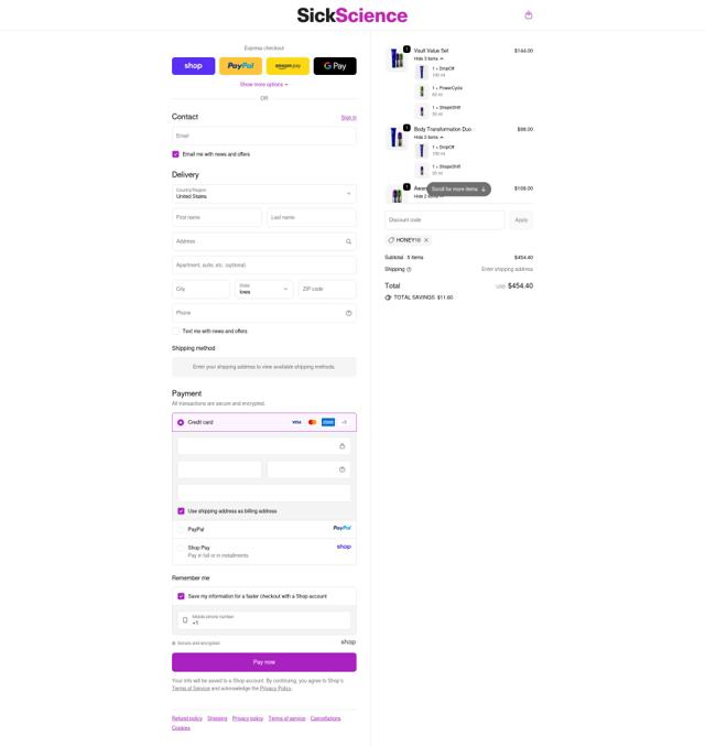 SickScience checkout page showing SickScience promo code box | Screenshot taken by SimplyCodes community member on Sep 21, 2025
