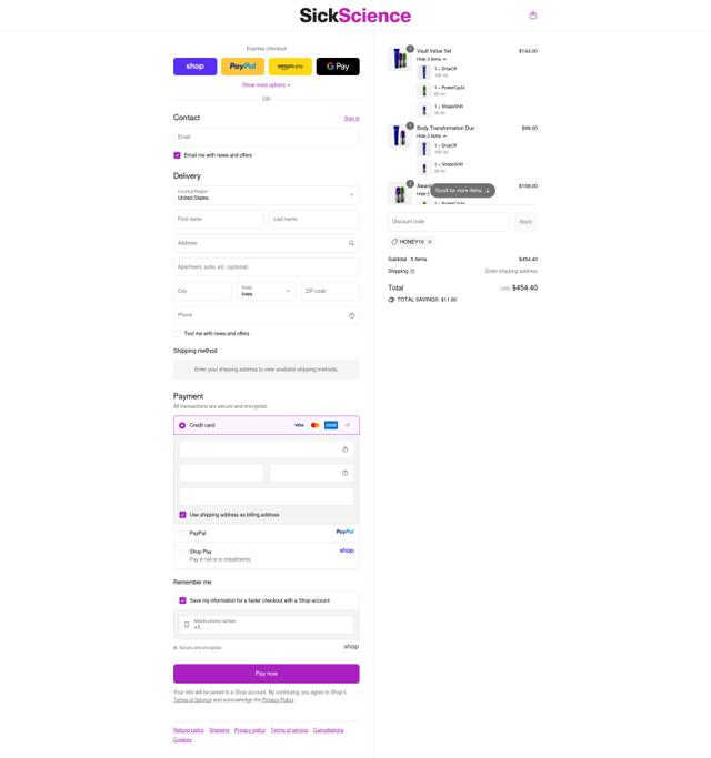 SickScience checkout page showing SickScience promo code box | Screenshot taken by SimplyCodes community member on Sep 16, 2025