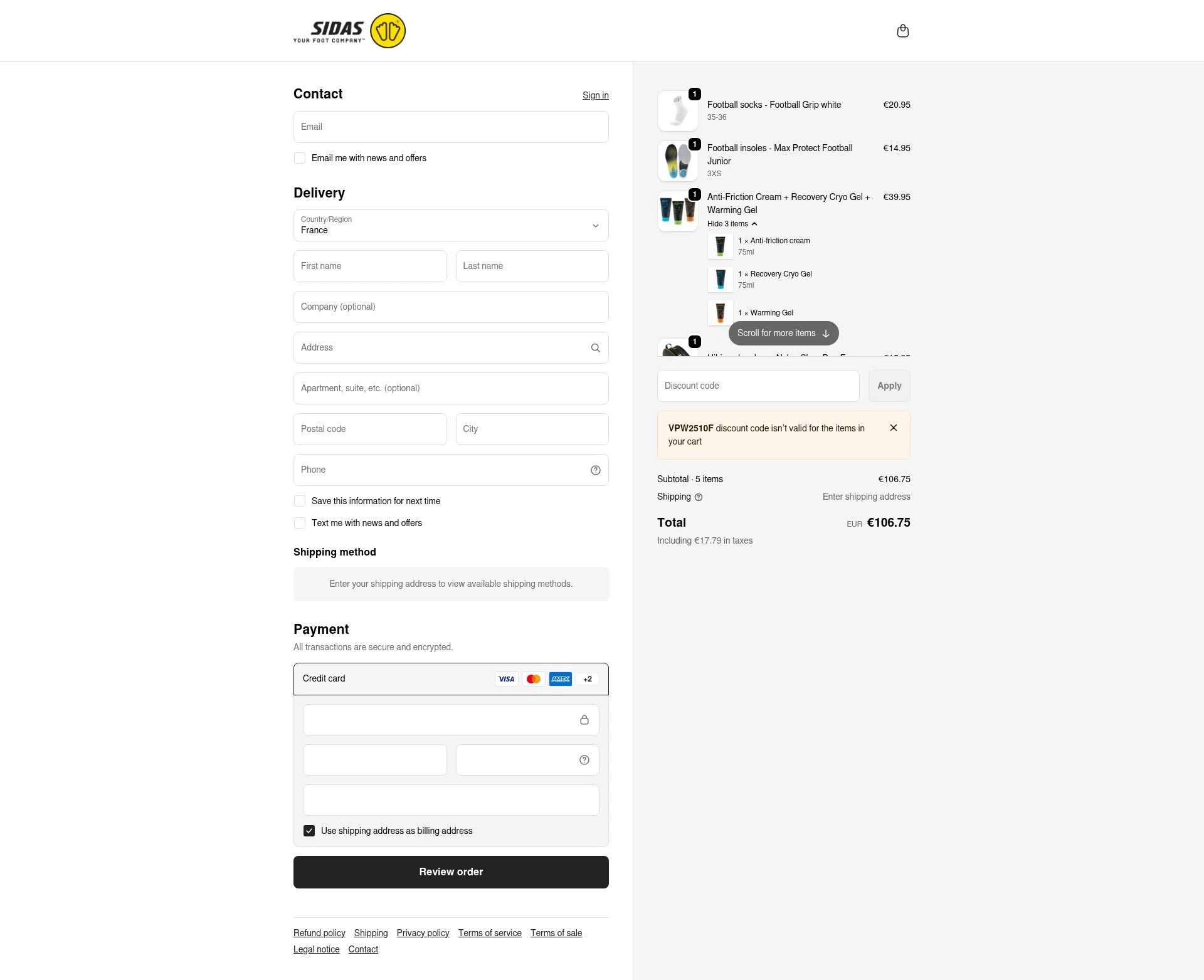 Sidas checkout page showing Sidas discount code box | Screenshot taken by SimplyCodes community member on Jan 3, 2026