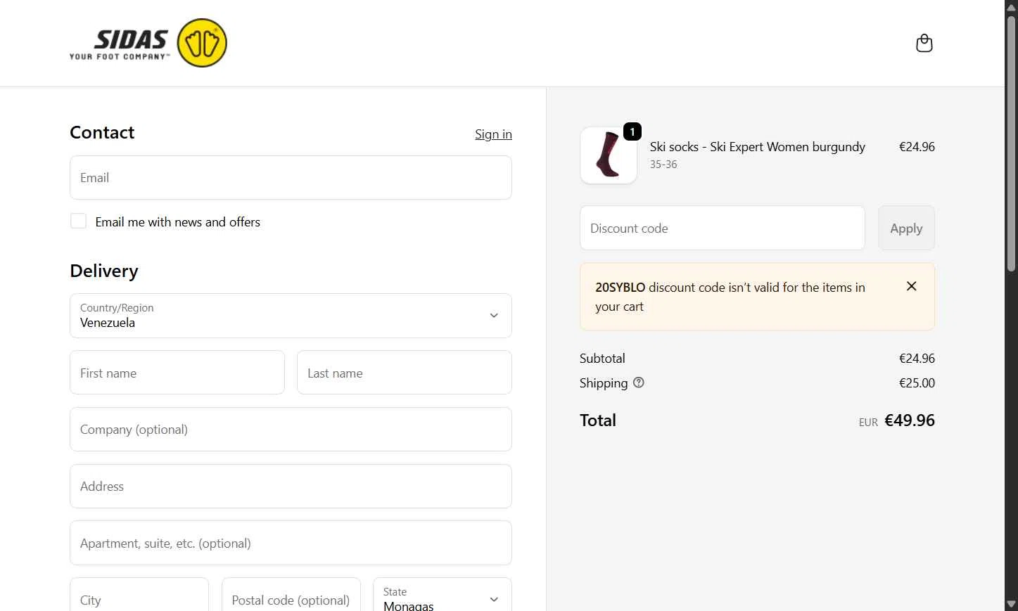 Sidas checkout page showing Sidas discount code box | Screenshot taken by SimplyCodes community member on Jan 5, 2026