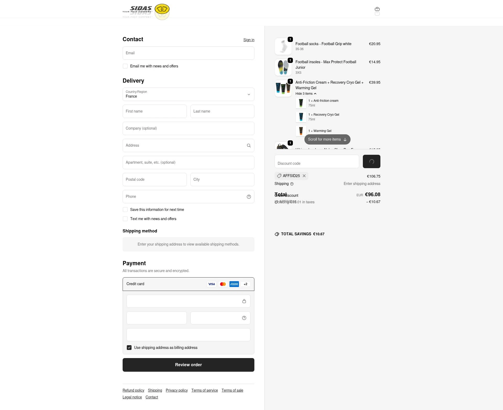 Sidas checkout page showing Sidas discount code box | Screenshot taken by SimplyCodes community member on Jan 13, 2026