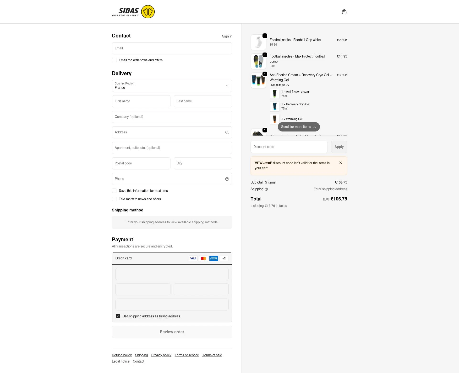 Sidas checkout page showing Sidas discount code box | Screenshot taken by SimplyCodes community member on Jan 3, 2026