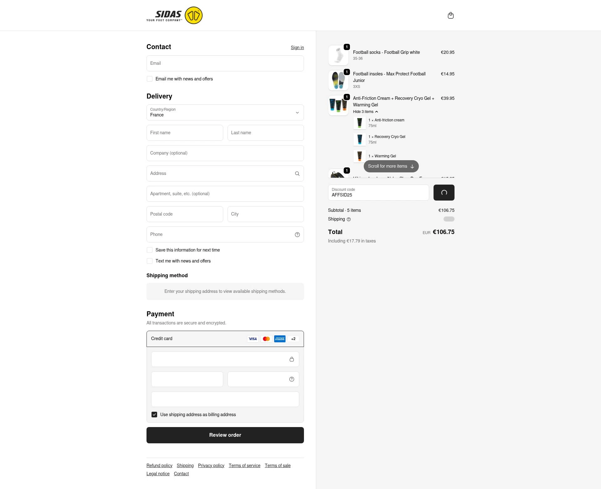 Sidas checkout page showing Sidas discount code box | Screenshot taken by SimplyCodes community member on Jan 3, 2026