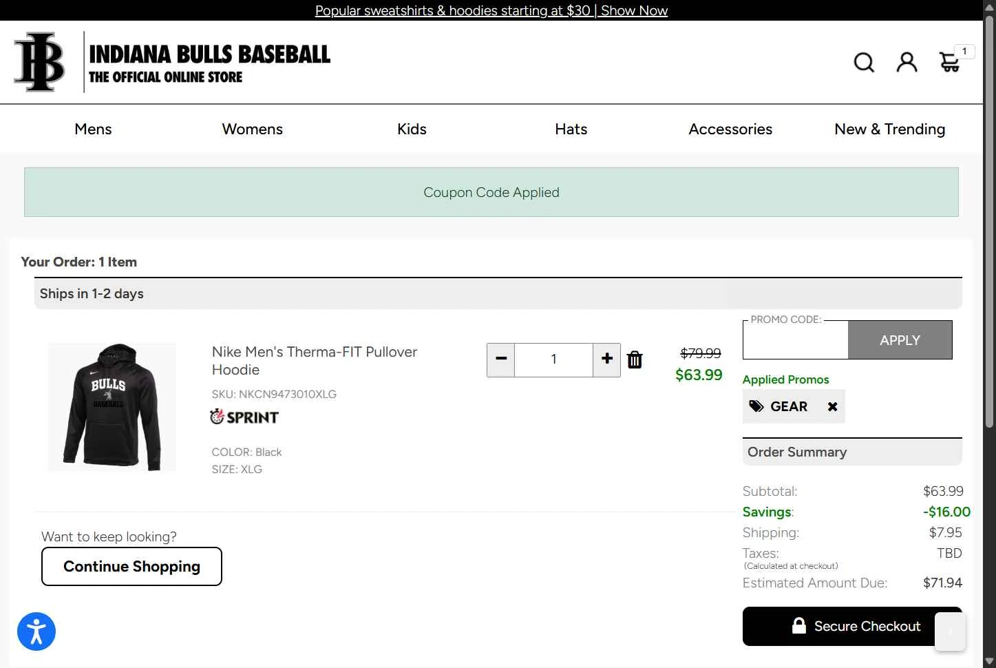 Sideline Store checkout page showing Sideline Store promo code box | Screenshot taken by SimplyCodes community member on Jan 24, 2026