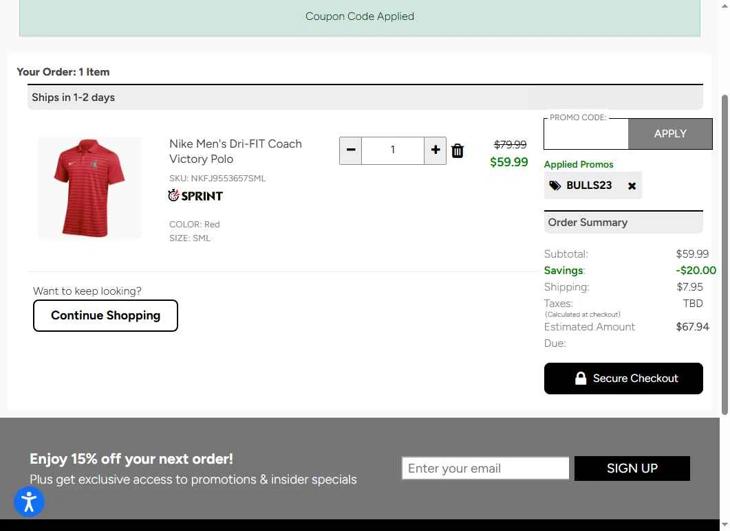 Sideline Store checkout page showing Sideline Store promo code box | Screenshot taken by SimplyCodes community member on Jan 24, 2026