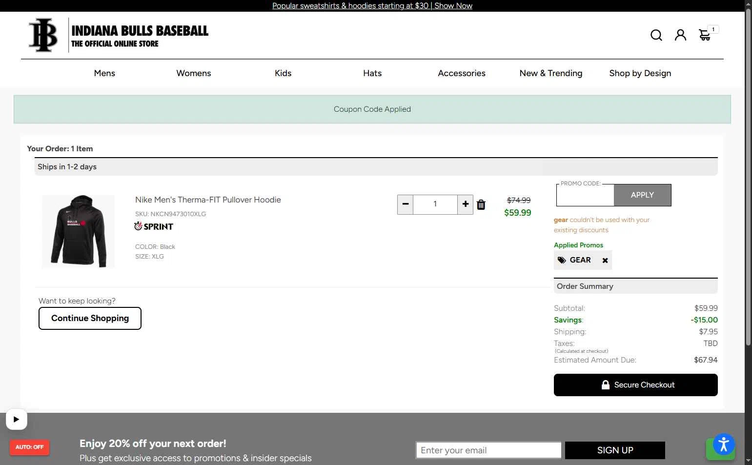 Sideline Store checkout page showing Sideline Store promo code box | Screenshot taken by SimplyCodes community member on Jan 13, 2026
