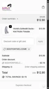 SIDEPONYWELCOME coupon verification screenshot
