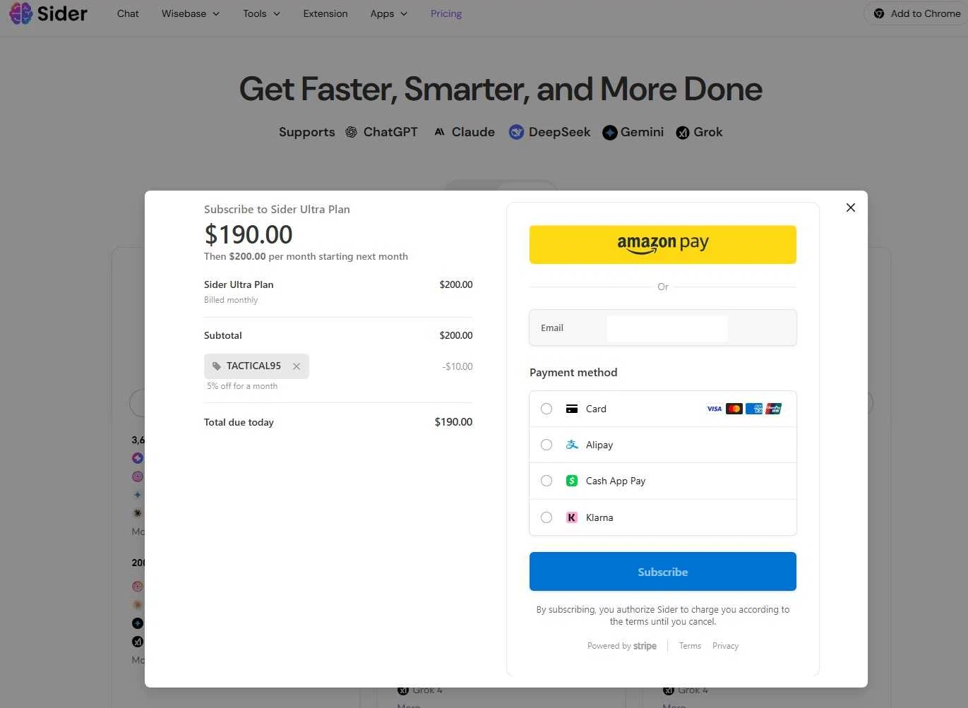 Sider AI promo code screenshot showing code TACTICAL95 applied at Sider AI checkout page. Uploaded by SimplyCodes community member WiseTitan5941 on Oct 4, 2025
