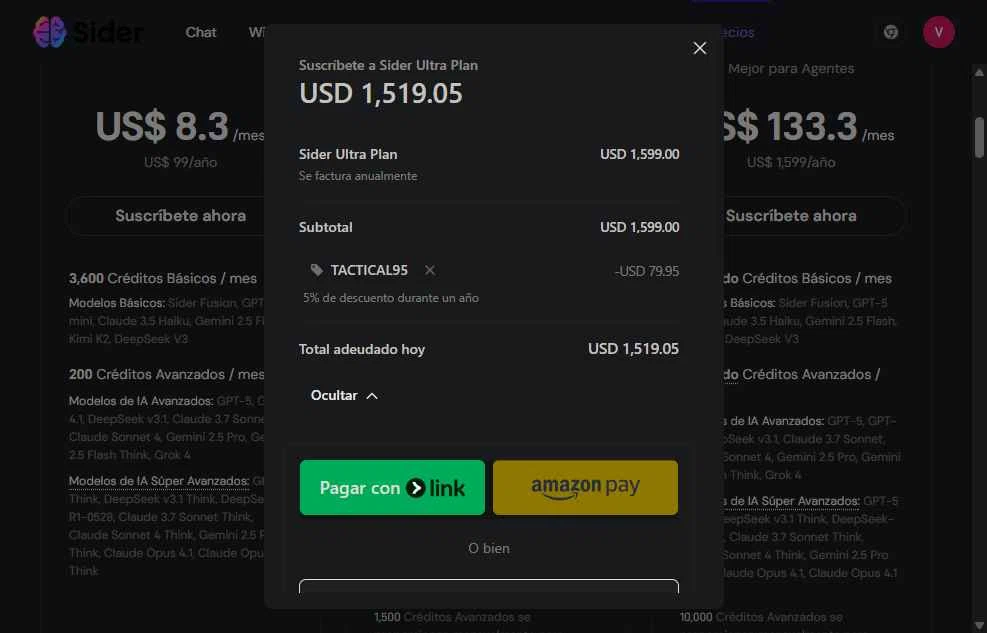 Sider AI checkout page showing Sider AI promo code box | Screenshot taken by SimplyCodes community member on Sep 26, 2025