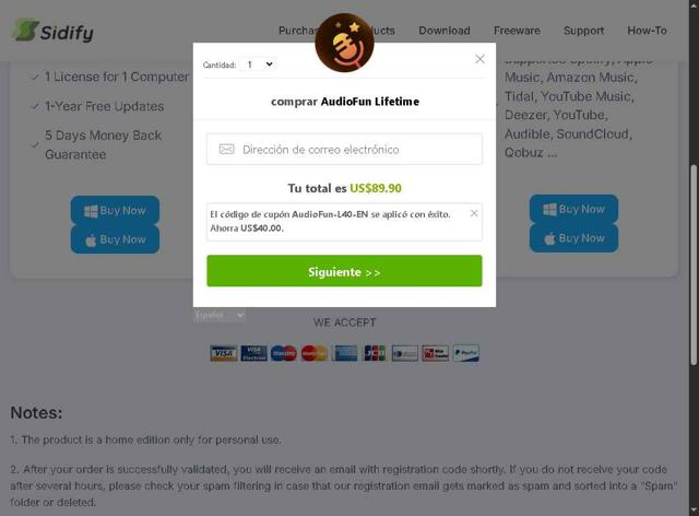 Sidify checkout page showing Sidify promo code box | Screenshot taken by SimplyCodes community member on Sep 14, 2025