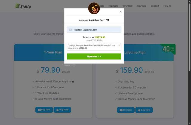 Sidify checkout page showing Sidify promo code box | Screenshot taken by SimplyCodes community member on Jun 5, 2025