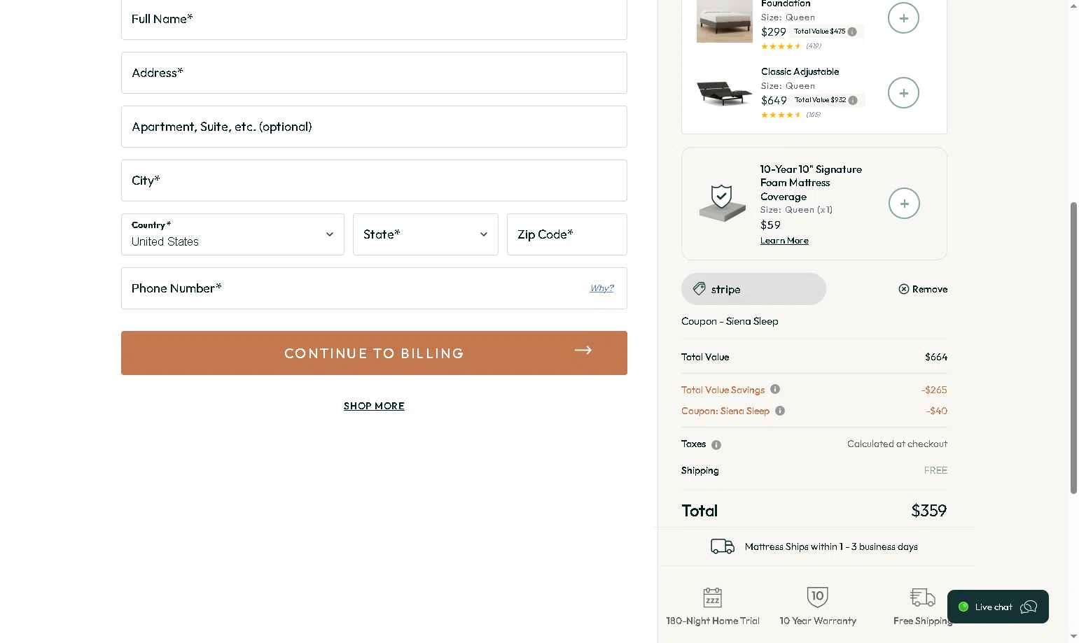 Siena checkout page showing Siena coupon code box | Screenshot taken by SimplyCodes community member on Nov 5, 2025