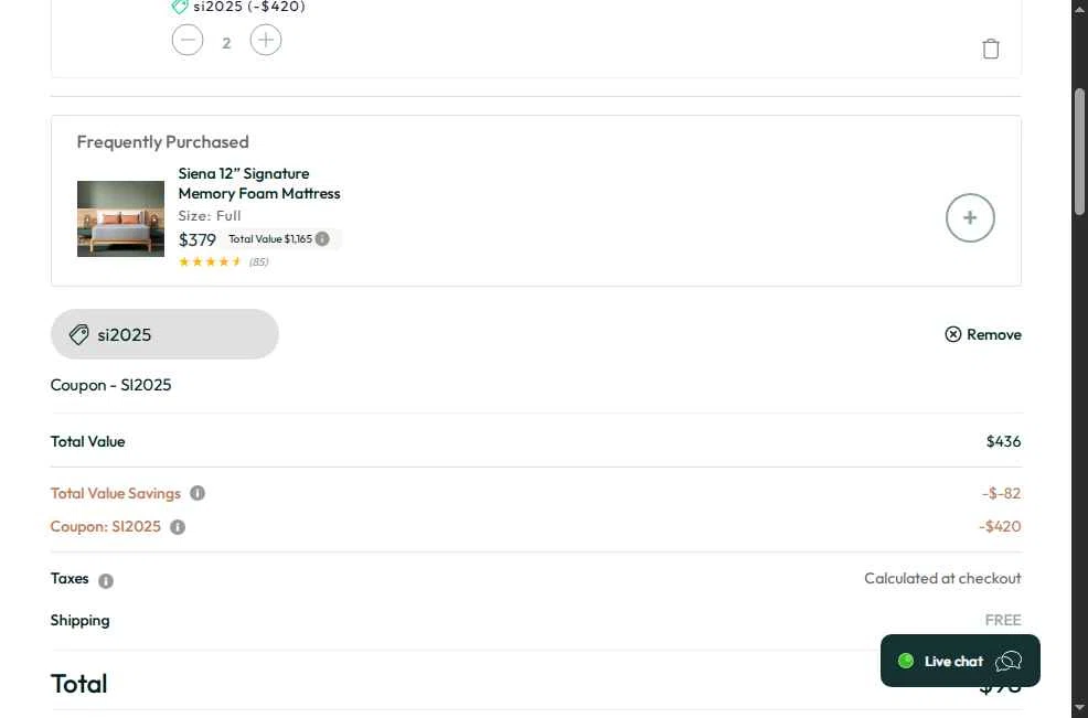Siena checkout page showing Siena coupon code box | Screenshot taken by SimplyCodes community member on Oct 14, 2025
