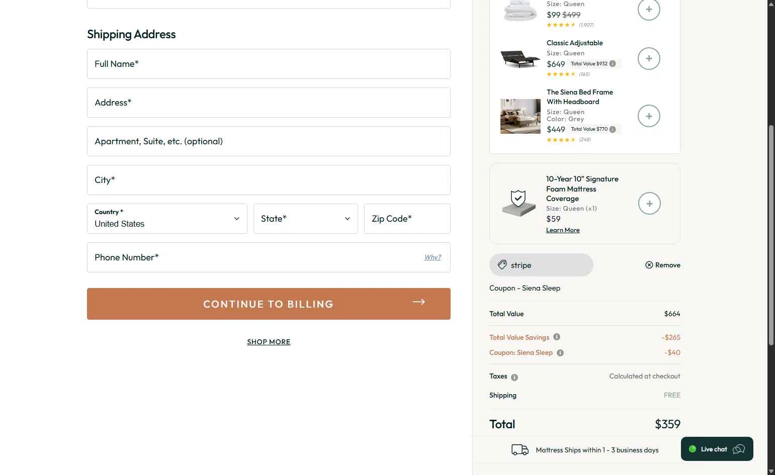 Siena checkout page showing Siena coupon code box | Screenshot taken by SimplyCodes community member on Dec 4, 2025