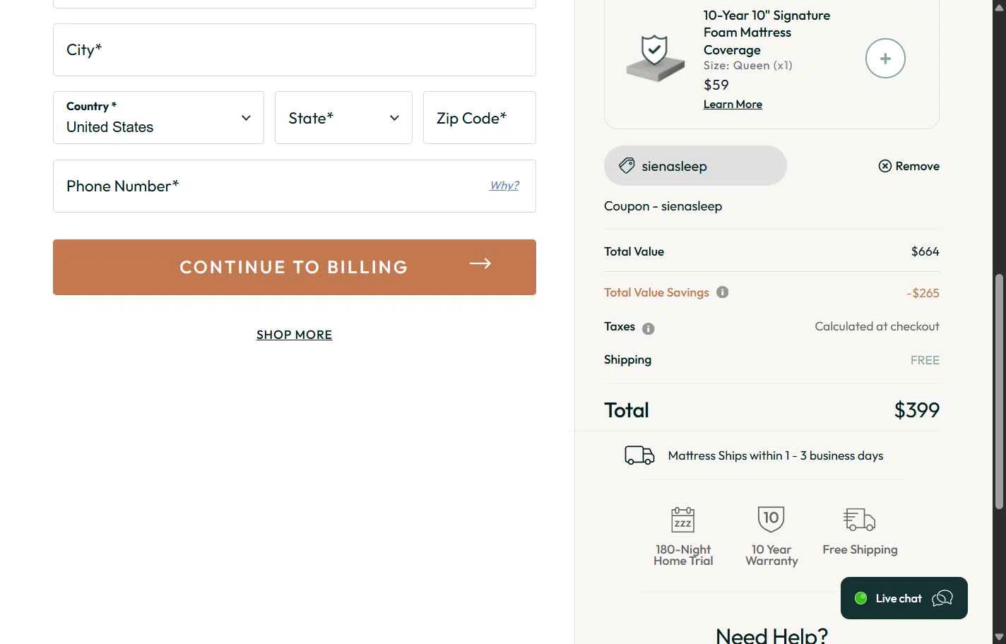 Siena checkout page showing Siena coupon code box | Screenshot taken by SimplyCodes community member on Nov 14, 2025