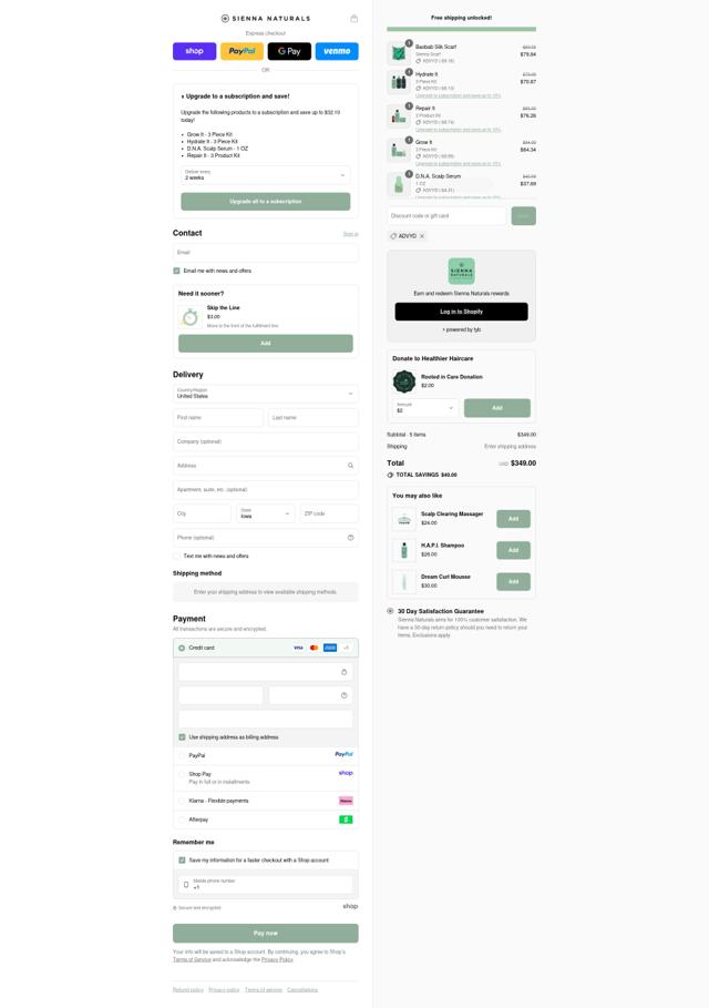 Sienna Naturals checkout page showing Sienna Naturals discount code box | Screenshot taken by SimplyCodes community member on Sep 11, 2025