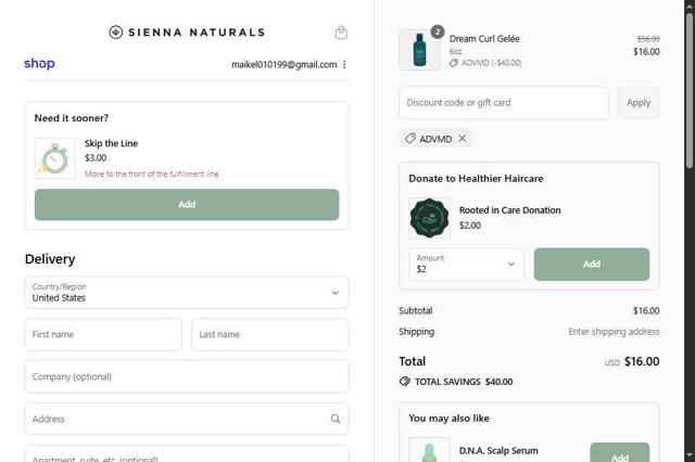 Sienna Naturals checkout page showing Sienna Naturals discount code box | Screenshot taken by SimplyCodes community member on Sep 11, 2025