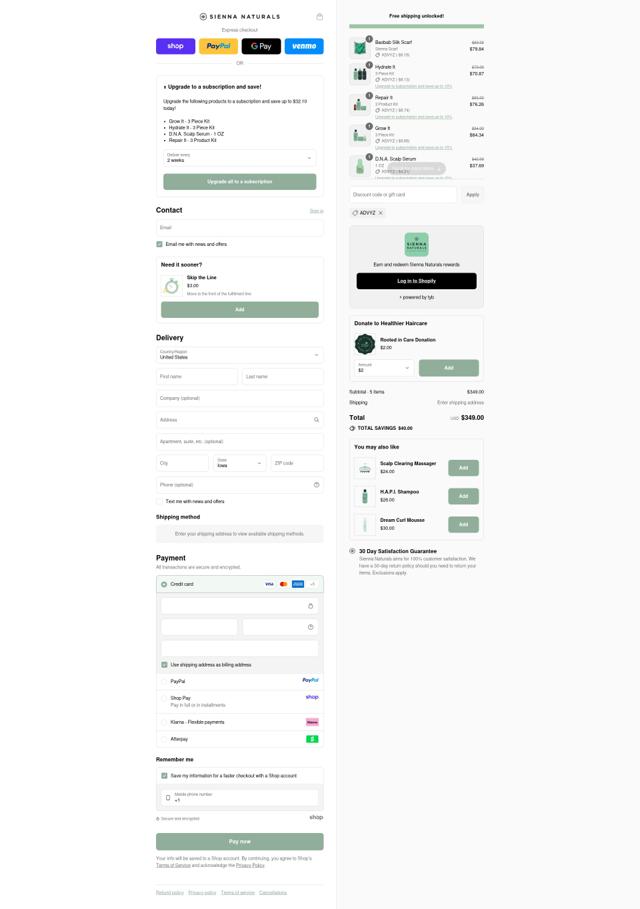 Sienna Naturals checkout page showing Sienna Naturals discount code box | Screenshot taken by SimplyCodes community member on Sep 11, 2025
