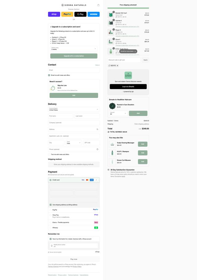 Sienna Naturals checkout page showing Sienna Naturals discount code box | Screenshot taken by SimplyCodes community member on Sep 11, 2025
