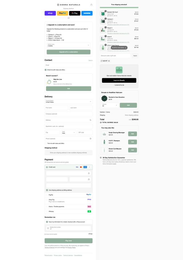Sienna Naturals checkout page showing Sienna Naturals discount code box | Screenshot taken by SimplyCodes community member on Sep 11, 2025