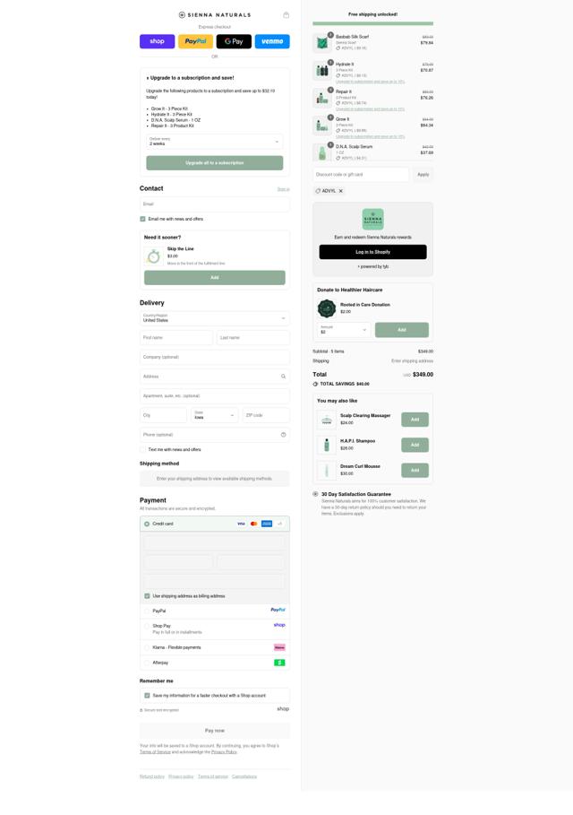Sienna Naturals checkout page showing Sienna Naturals discount code box | Screenshot taken by SimplyCodes community member on Sep 11, 2025