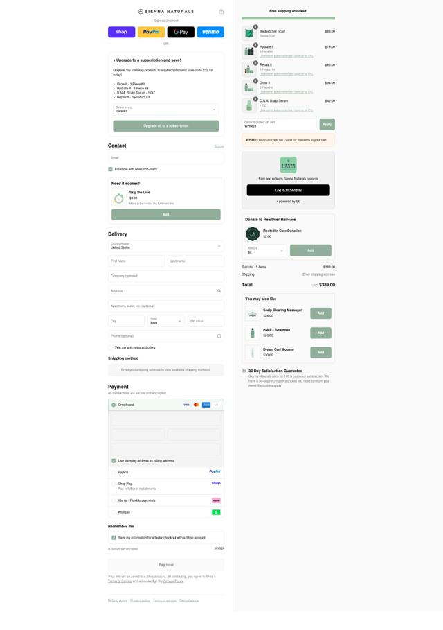 Sienna Naturals checkout page showing Sienna Naturals discount code box | Screenshot taken by SimplyCodes community member on Sep 11, 2025