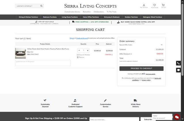 Sierra Living Concepts checkout page showing Sierra Living Concepts promo code box | Screenshot taken by SimplyCodes community member on Jul 3, 2025