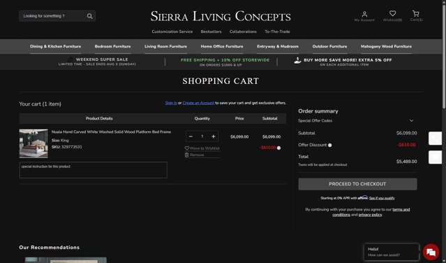 Sierra Living Concepts checkout page showing Sierra Living Concepts promo code box | Screenshot taken by SimplyCodes community member on Aug 1, 2025