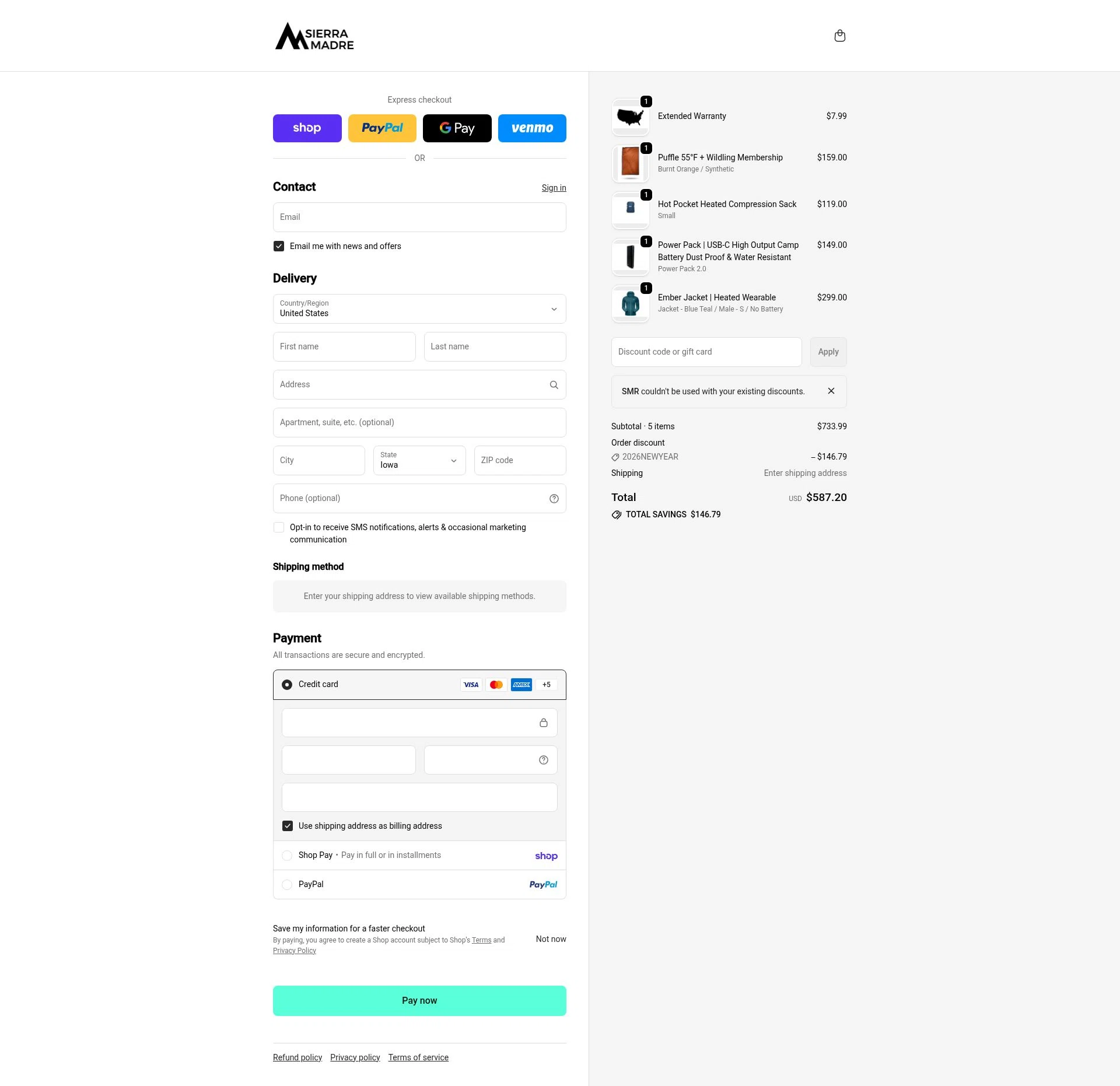 Sierra Madre Research checkout page showing Sierra Madre Research promo code box | Screenshot taken by SimplyCodes community member on Feb 18, 2026