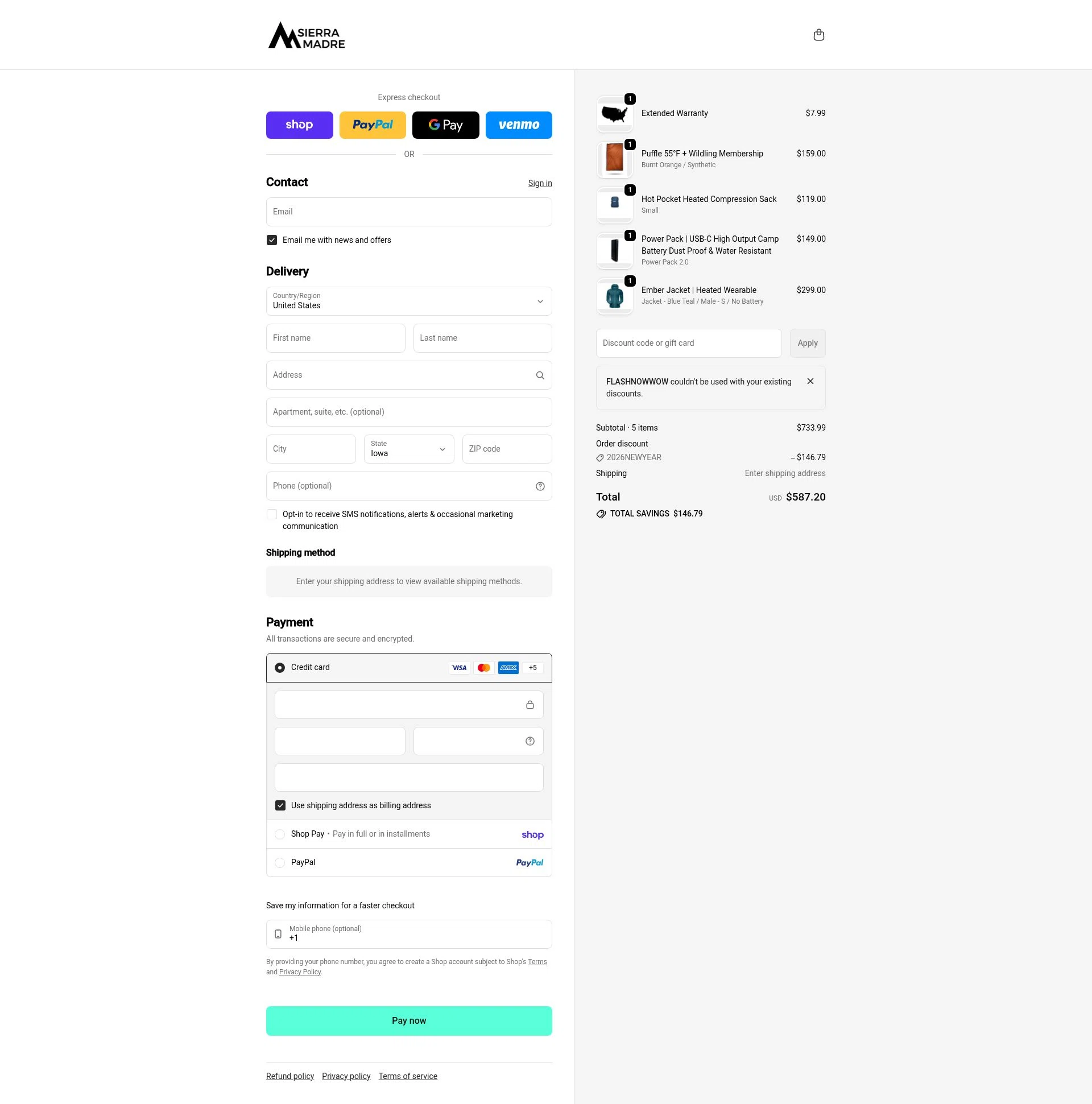 Sierra Madre Research checkout page showing Sierra Madre Research promo code box | Screenshot taken by SimplyCodes community member on Feb 20, 2026