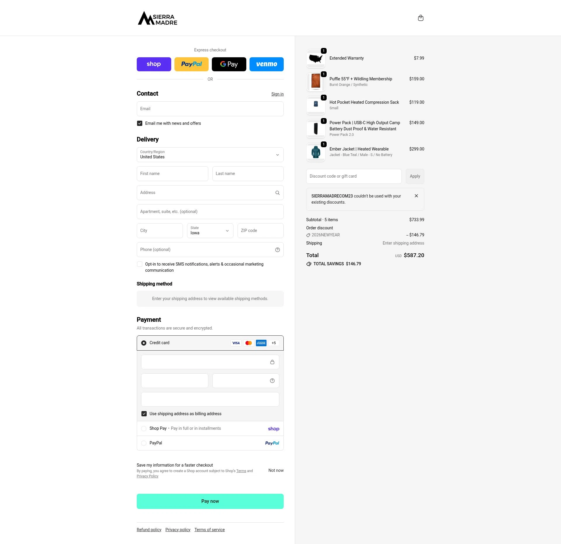 Sierra Madre Research checkout page showing Sierra Madre Research promo code box | Screenshot taken by SimplyCodes community member on Feb 18, 2026