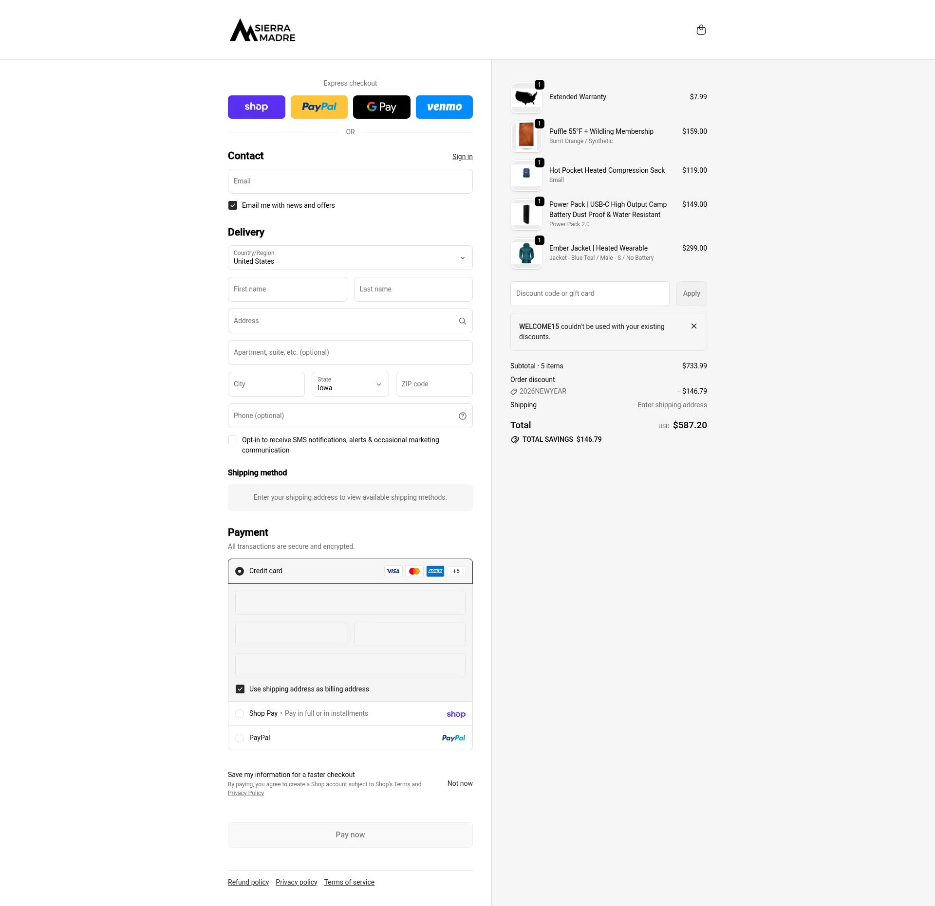 Sierra Madre Research checkout page showing Sierra Madre Research promo code box | Screenshot taken by SimplyCodes community member on Feb 18, 2026