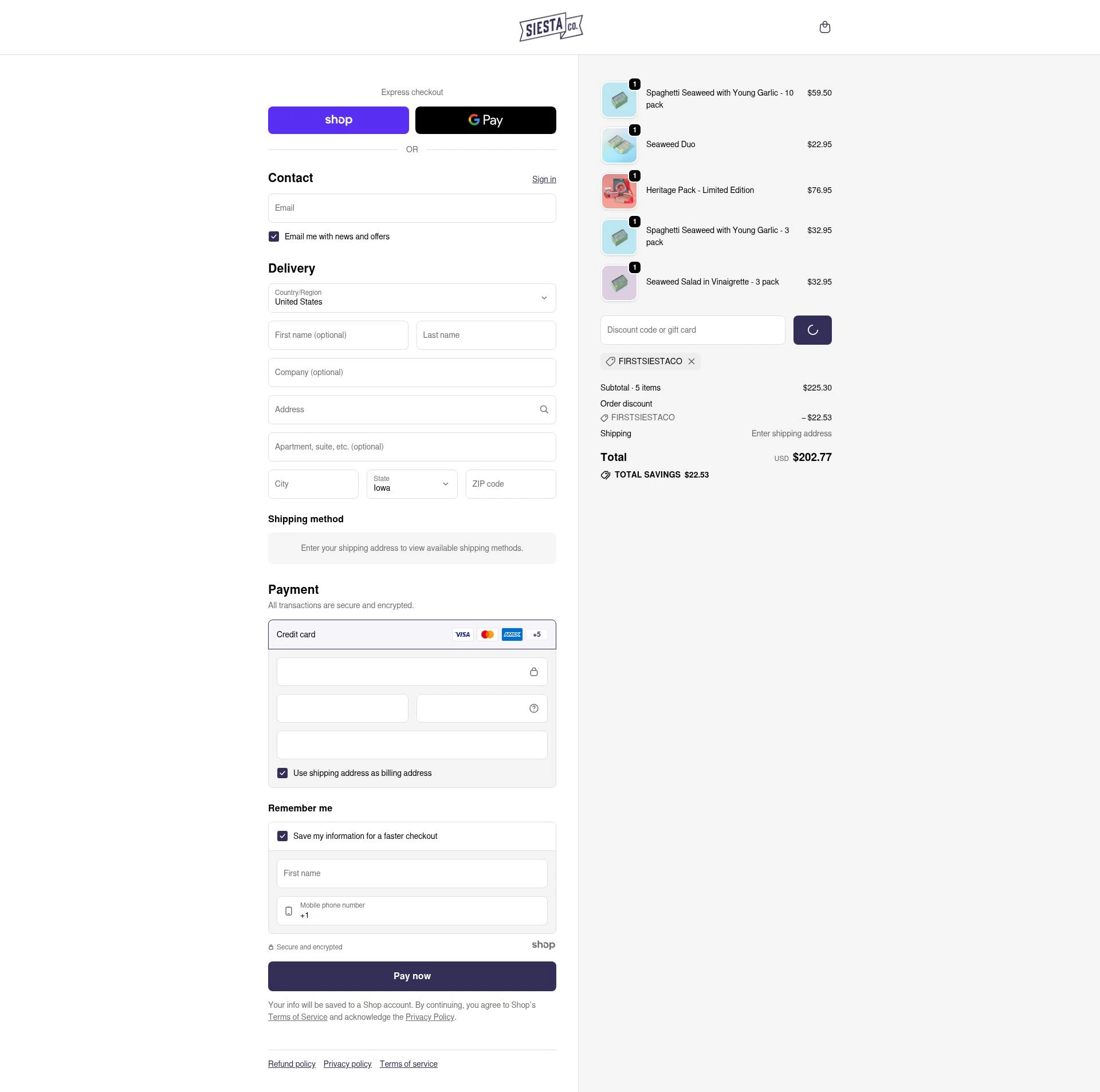 Siesta Co checkout page showing Siesta Co promo code box | Screenshot taken by SimplyCodes community member on Dec 30, 2025