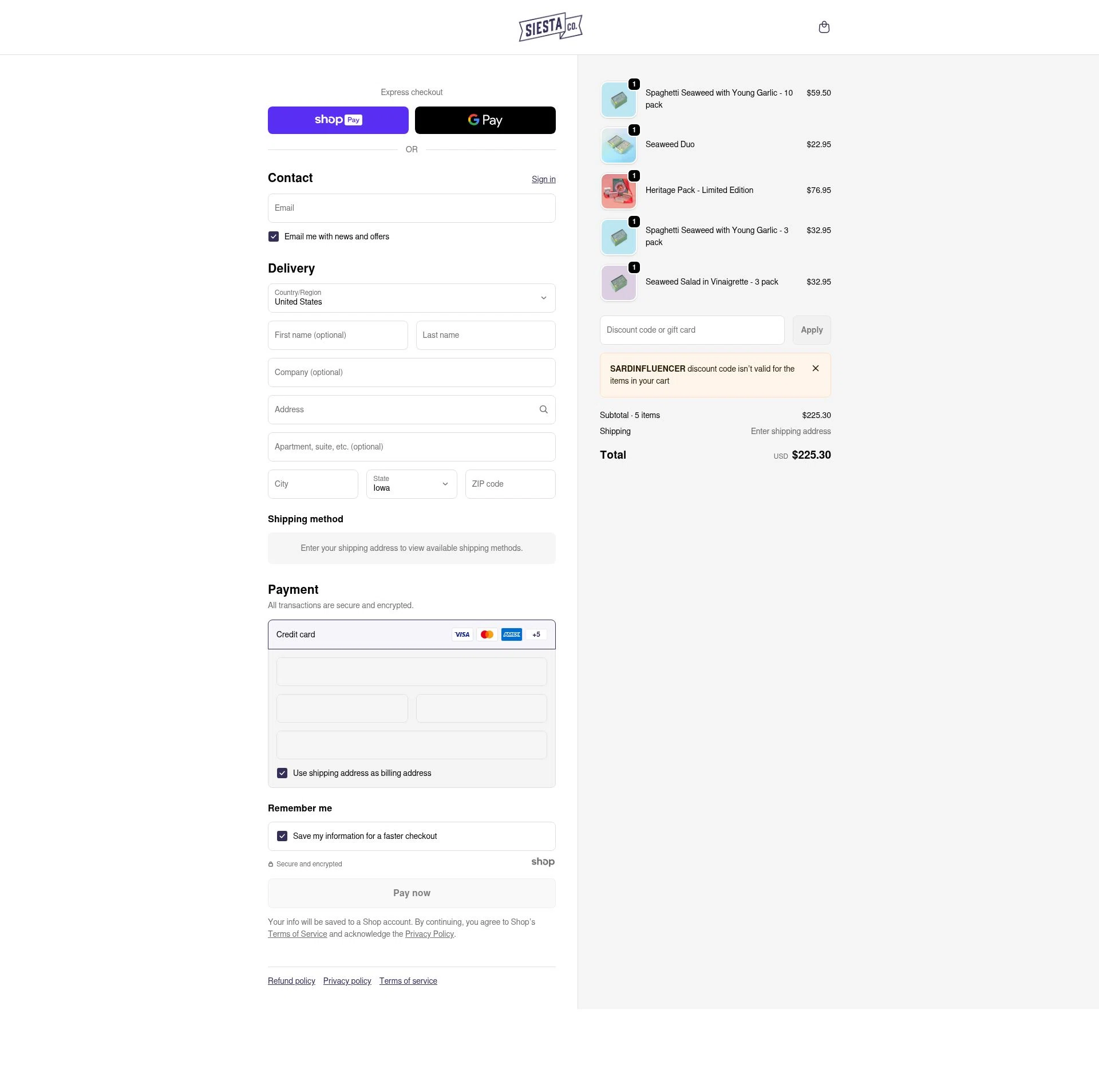 Siesta Co checkout page showing Siesta Co promo code box | Screenshot taken by SimplyCodes community member on Jan 9, 2026