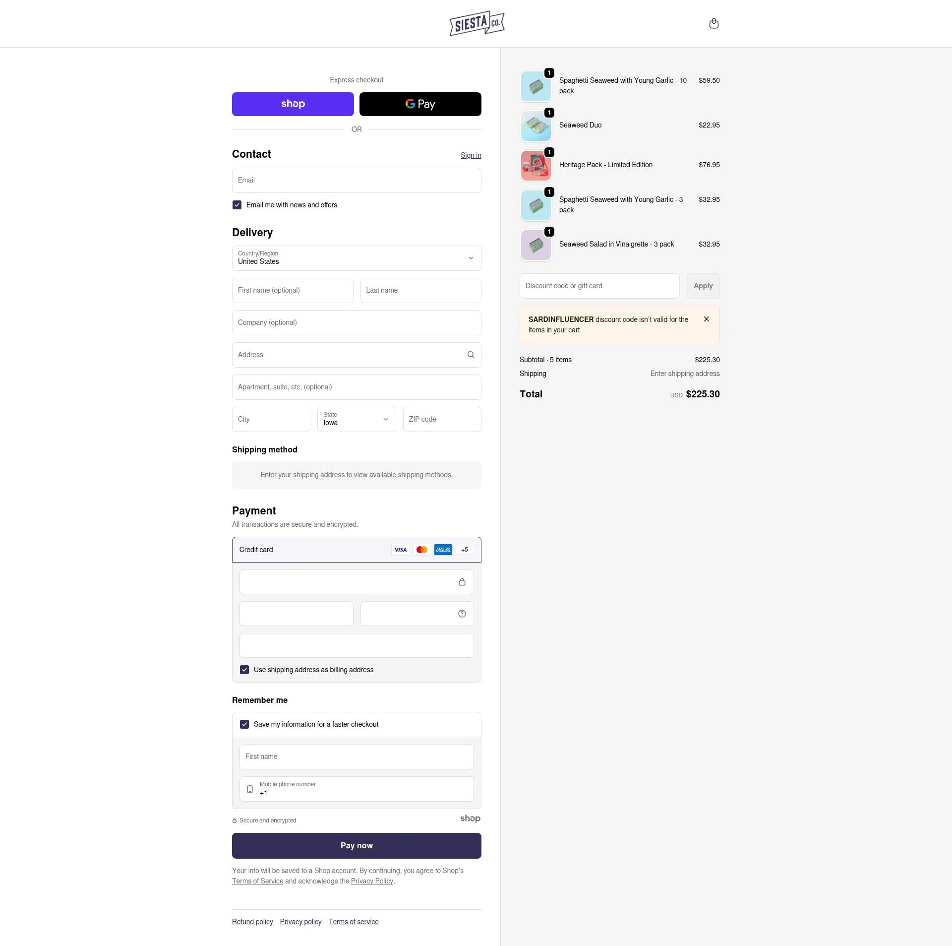 Siesta Co checkout page showing Siesta Co promo code box | Screenshot taken by SimplyCodes community member on Jan 4, 2026