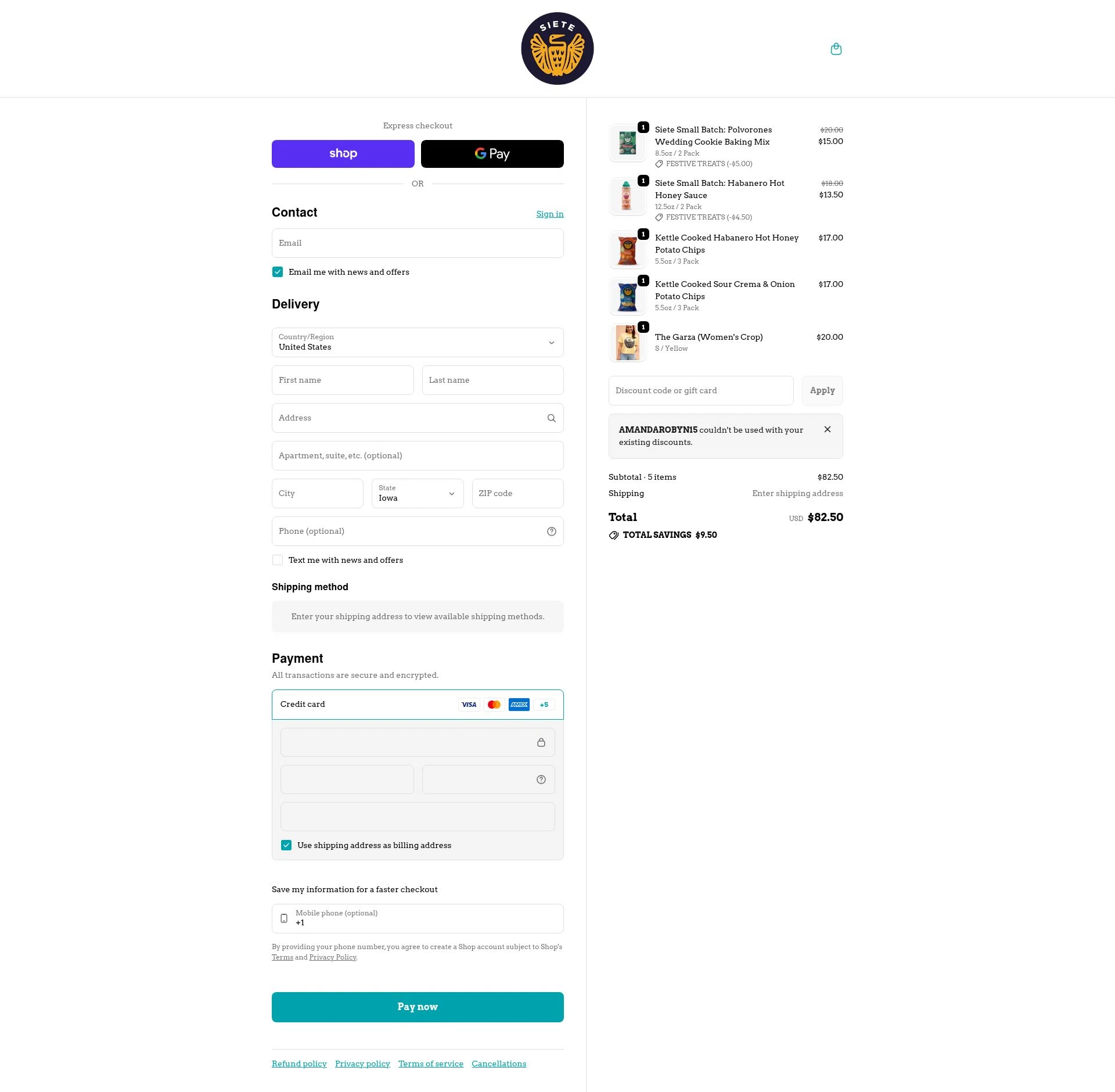 Siete Family Foods checkout page showing Siete Family Foods promo code box | Screenshot taken by SimplyCodes community member on Feb 3, 2026